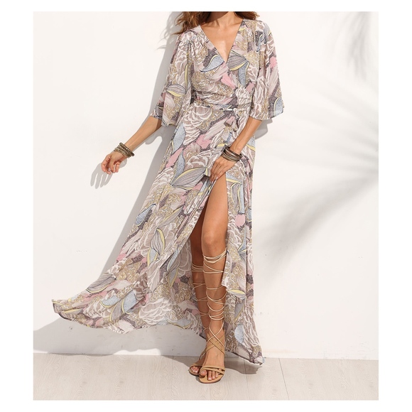 MBM Unlimited Dresses & Skirts - Multicolor Floral 3/4 Sleeve Wrap Maxi Dress